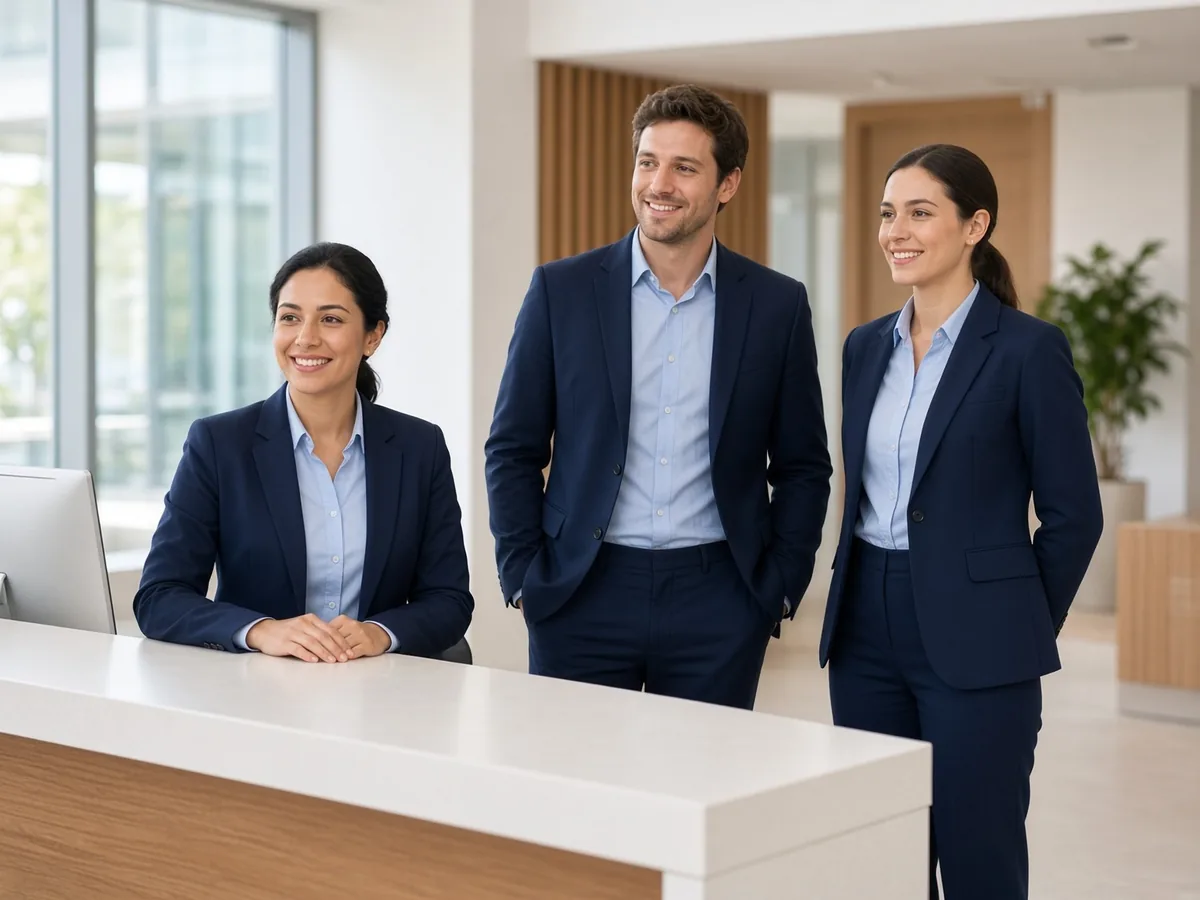 Office team in matching navy suits at a reception desk