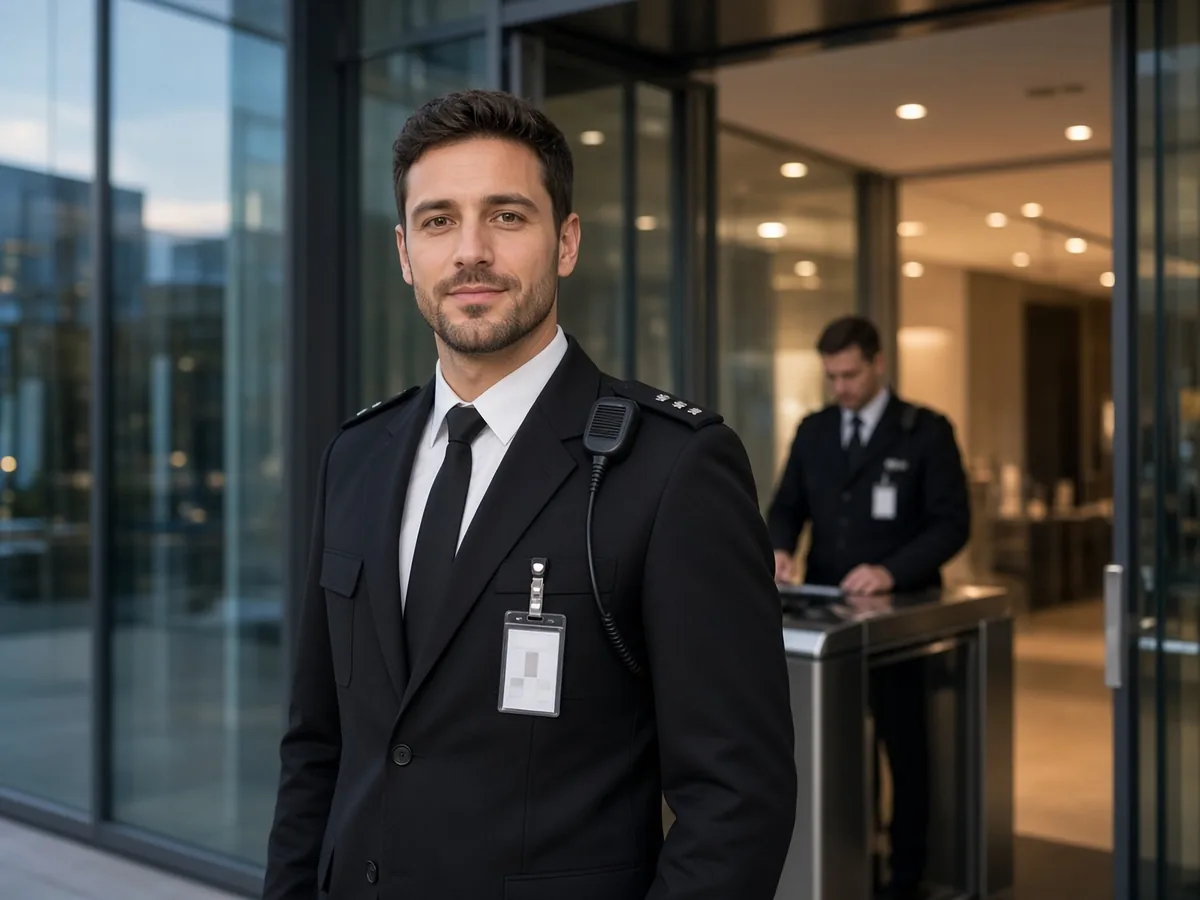 Security officer in a black uniform at a building entrance